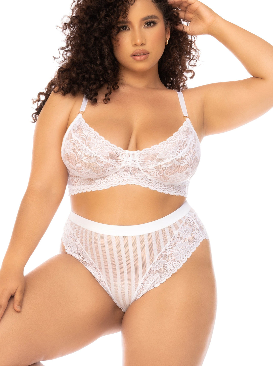 Mapale Queen Emberly Bridal Floral Lace Striped Mesh Bra Set White