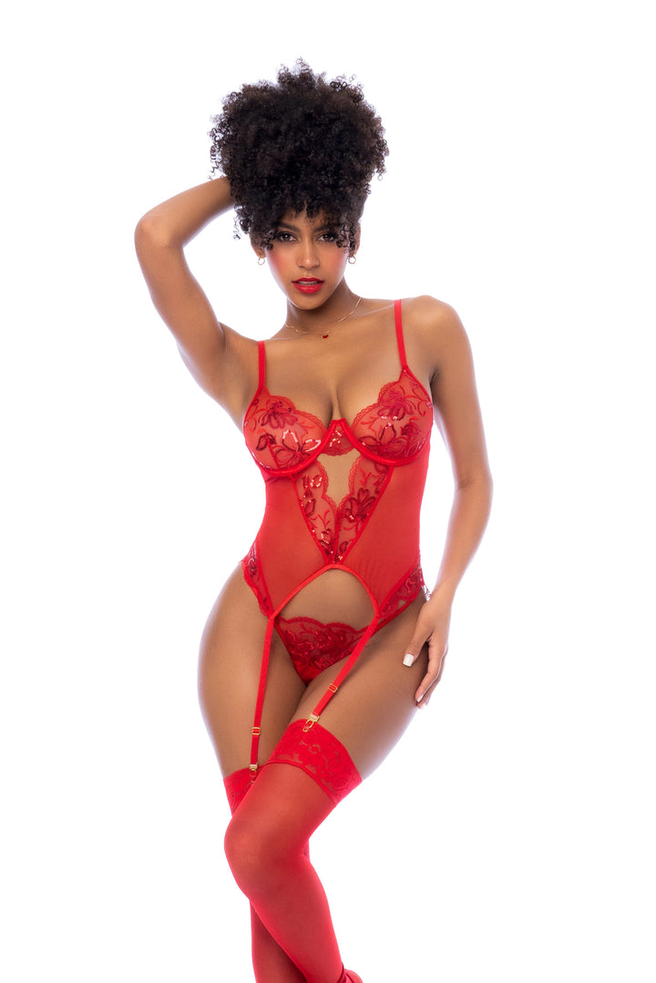 Mapale Sequin Embroidered Mesh Bustier Set Red