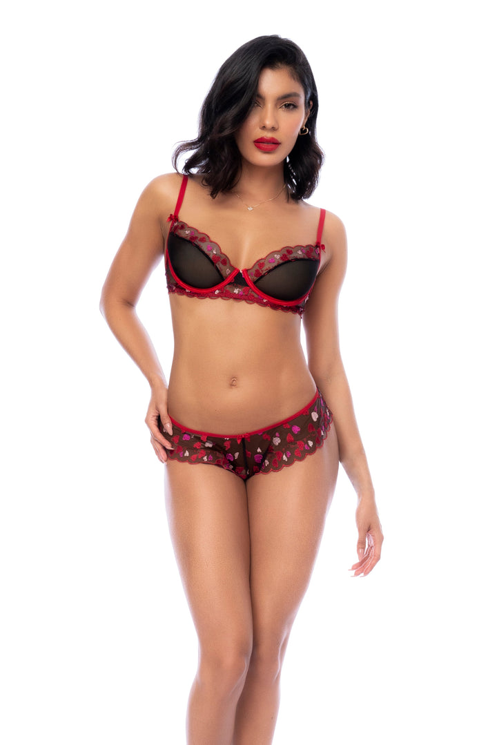 Mapale Heart Embroidered Mesh Garter Bra Set Black/Red