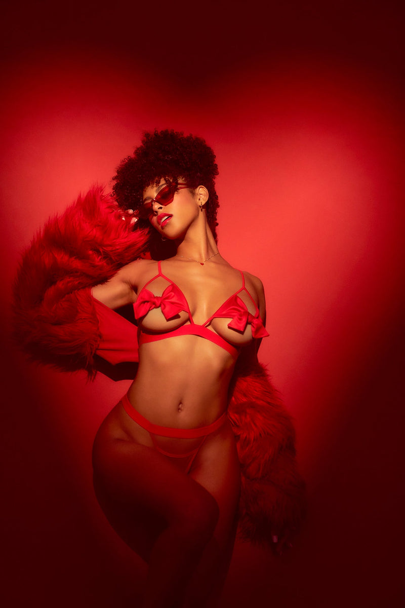 Mapale Open Cups Bows Bra Set Red-Rebel Romance