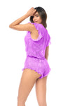 Dreamy Lace Romper Bodysuit Flirty Ruffle Trim Romantic Purple