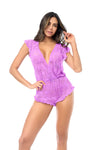Dreamy Lace Romper Bodysuit Flirty Ruffle Trim Romantic Purple