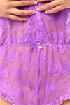 Dreamy Lace Romper Bodysuit Flirty Ruffle Trim Romantic Purple