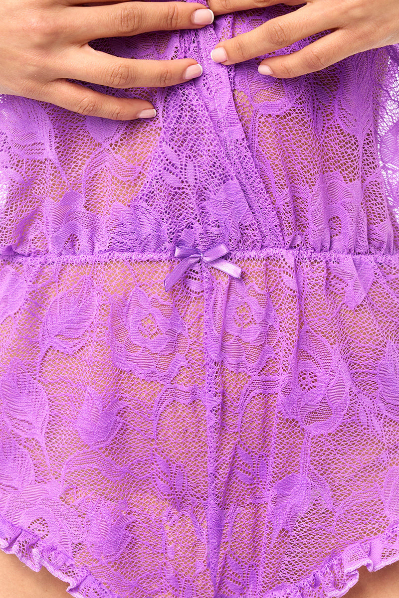 Dreamy Lace Romper Bodysuit Flirty Ruffle Trim Romantic Purple