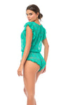 Dreamy Lace Romper Bodysuit Flirty Ruffle Trim Romantic Green