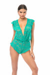 Dreamy Lace Romper Bodysuit Flirty Ruffle Trim Romantic Green