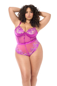 Queen Floral Embroidery Underwire Cups Bodysuit Teddy Azalea Pink