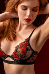 Romance Rose Embroidery Sheer Mesh Underwire Bra Set