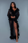 BeWicked Glamour Sheer Long Robe Boa Feather Trim Black Burlesque Pinup