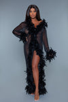 BeWicked Glamour Sheer Long Robe Boa Feather Trim Black Burlesque Pinup
