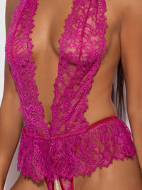 Jocelyn Satin & Lace Drop Off Crotchless Teddy Crimson Red Raspberry