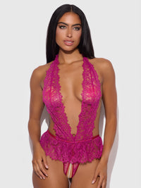 Jocelyn Satin & Lace Drop Off Crotchless Teddy Crimson Red Raspberry