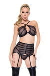 Coquette Darque Gothic Sheer Wet Look Gartered Bra Set Black-Rebel Romance