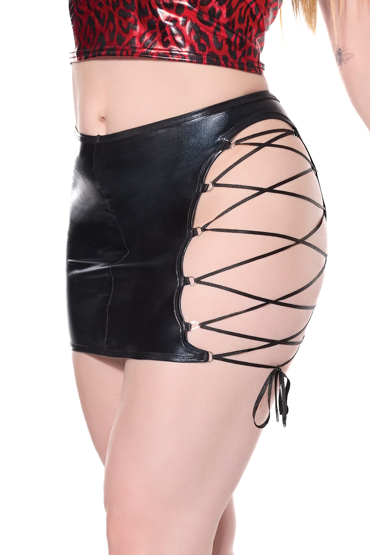 Coquette Darque Lace Up Wet Look Reversible Skirt Black-Rebel Romance