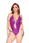 Coquette Darque Queen Wet Look High Leg Slingshot Halter Teddy Purple-Rebel Romance