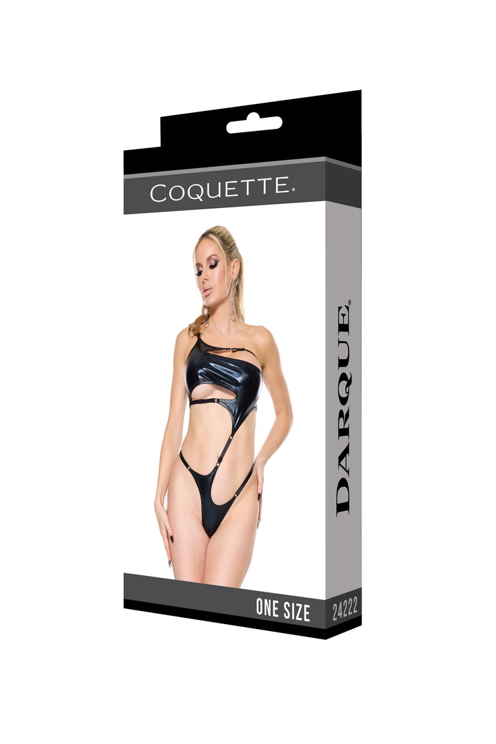 Coquette Darque Wet Look Asymmetrical Teddy Black