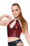 Coquette Darque Wet Look Red Leopard Halter Crop Top-Rebel Romance