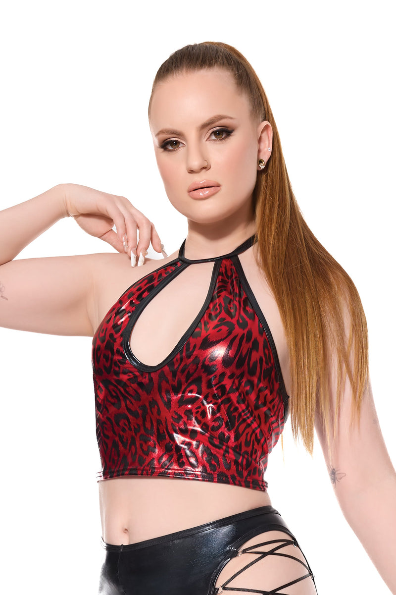 Coquette Darque Wet Look Red Leopard Halter Crop Top-Rebel Romance