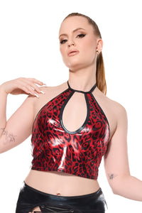 Coquette Darque Wet Look Red Leopard Halter Crop Top-Rebel Romance