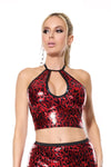 Coquette Darque Wet Look Red Leopard Halter Crop Top-Rebel Romance