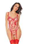 Coquette Embroidered Tulle Bustier Set w/Ruffled Trim Red Floral