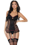 Coquette Stretch Knit Ruffle Hem Ribbon Gartered Chemise Black