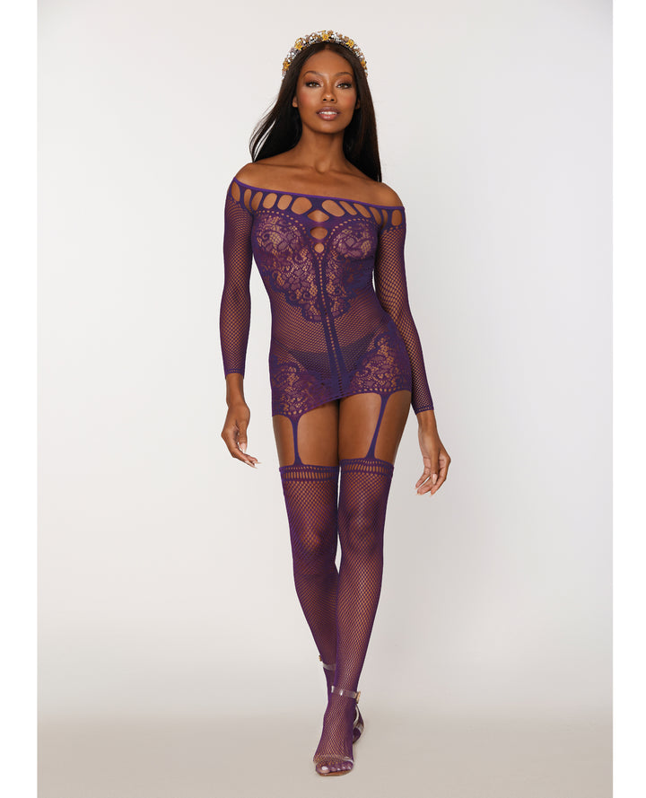Scalloped Lace and Fishnet Garter Dress w/Attached Stockings Purple