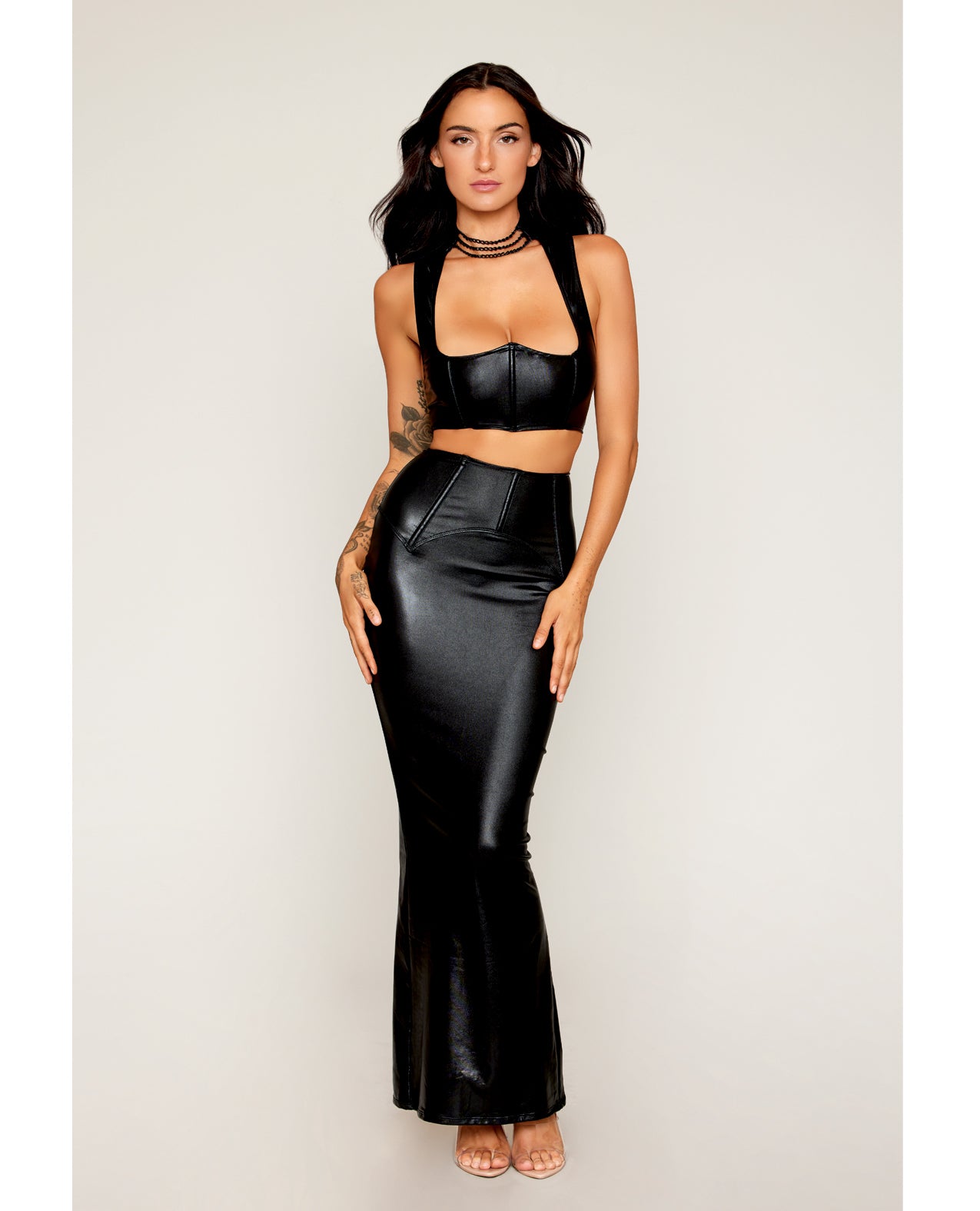 Dreamgirl Stretch Faux Leather Harness Bra & Long Slip Skirt Set-Rebel Romance