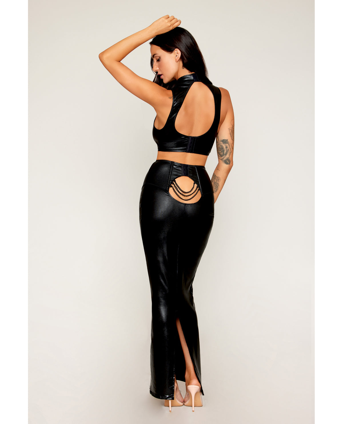 Dreamgirl Stretch Faux Leather Harness Bra & Long Slip Skirt Set-Rebel Romance
