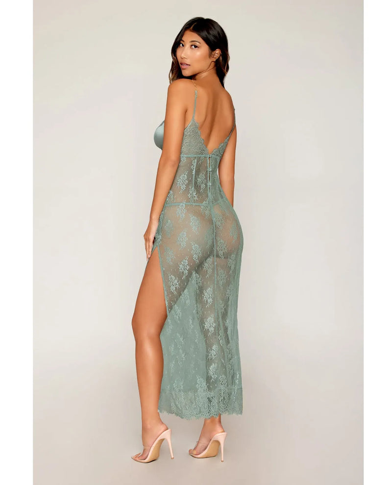 Dreamgirl Eyelash Lace & Satin Long Chemise Set Sage Green