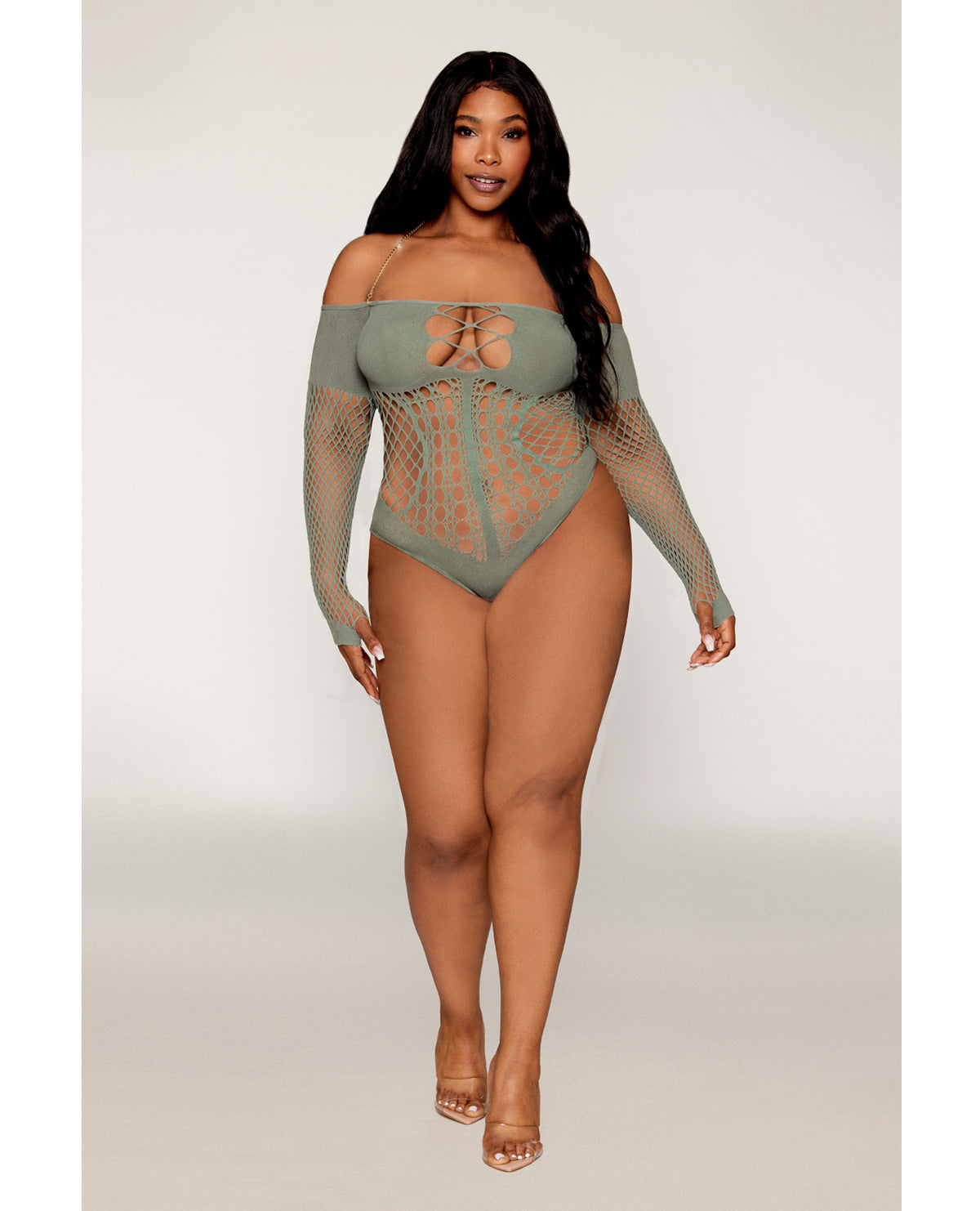 Dreamgirl Queen Halter Chain Long Sleeve Fishnet Seamless Teddy Sage Green-Rebel Romance