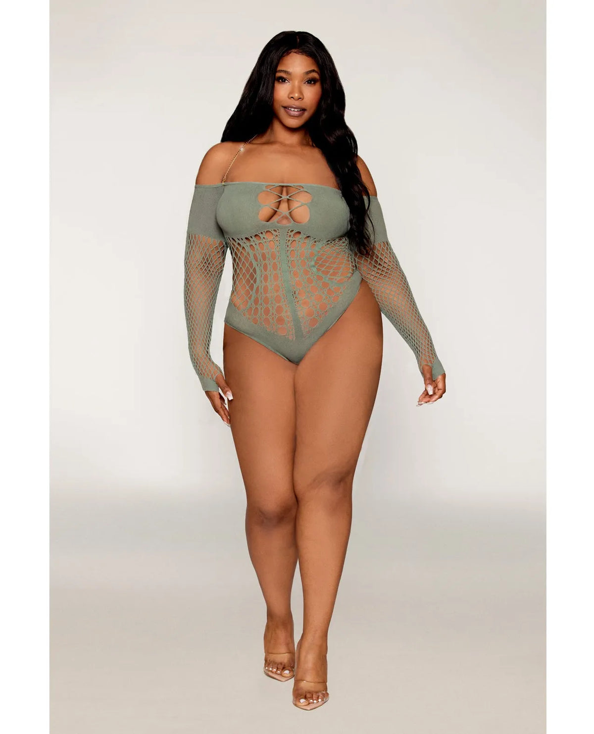 Dreamgirl Queen Halter Chain Long Sleeve Fishnet Seamless Teddy Sage Green-Rebel Romance