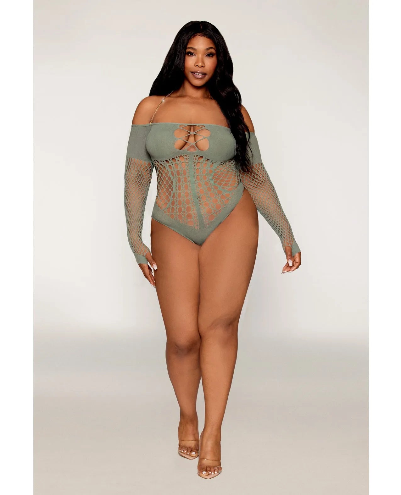 Dreamgirl Queen Halter Chain Long Sleeve Fishnet Seamless Teddy Sage Green-Rebel Romance