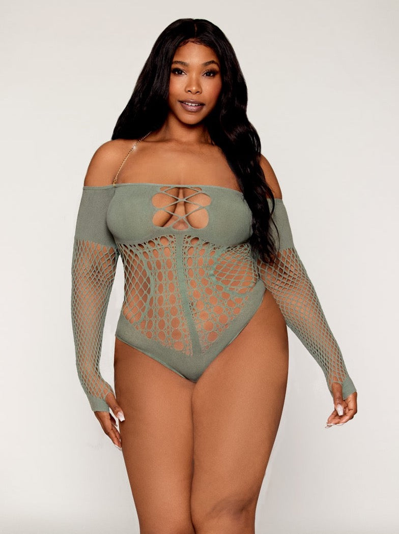 Dreamgirl Queen Halter Chain Long Sleeve Fishnet Seamless Teddy Sage Green-Rebel Romance