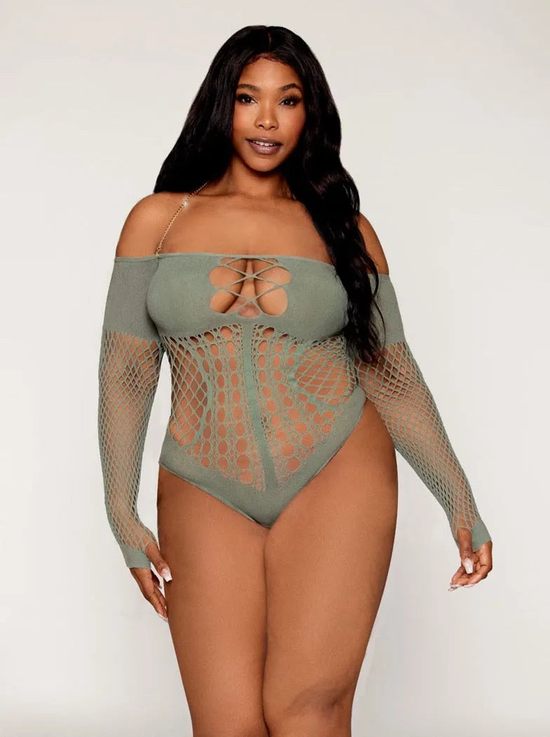 Dreamgirl Queen Halter Chain Long Sleeve Fishnet Seamless Teddy Sage Green-Rebel Romance