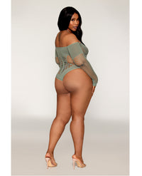 Dreamgirl Queen Halter Chain Long Sleeve Fishnet Seamless Teddy Sage Green-Rebel Romance