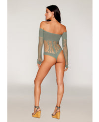 Dreamgirl Halter Chain Long Sleeve Fishnet Seamless Teddy Sage Green