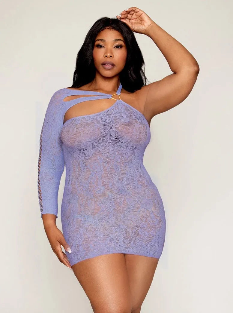 Dreamgirl Queen Asymmetrical One Shoulder Seamless Lace Chemise Lavender-Rebel Romance