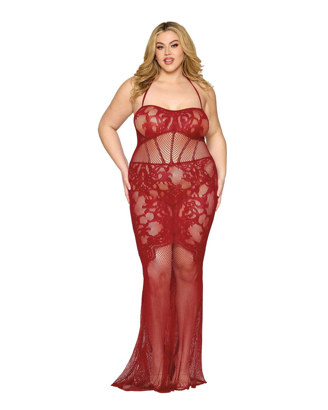 Dreamgirl Queen Rhinestone Lace Mesh Seamless Halter Bodystocking Gown Ox Blood