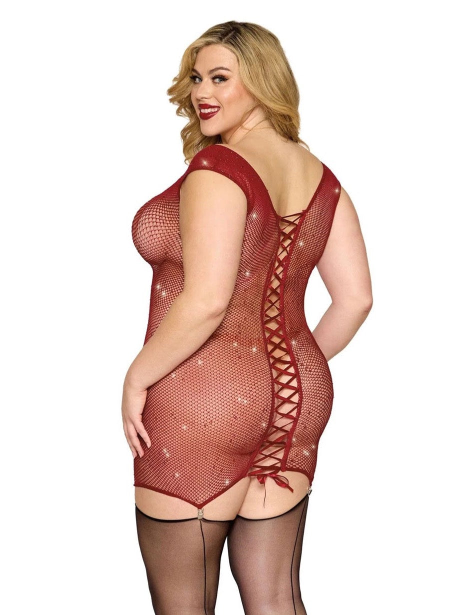 Dreamgirl Queen Rhinestone Seamless Chemise & Mini Suspender Clips Ox Blood-Rebel Romance