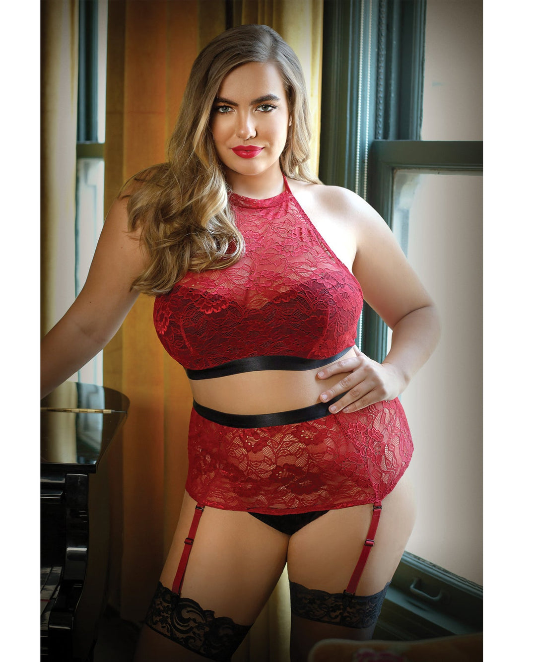 Fantasy Lingerie Plus Size Aria Lace Halter Top Bra & High Waist Panty Red
