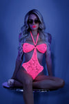Fantasy Glow Black Light Halter Bodysuit w/Open Sides Neon Pink