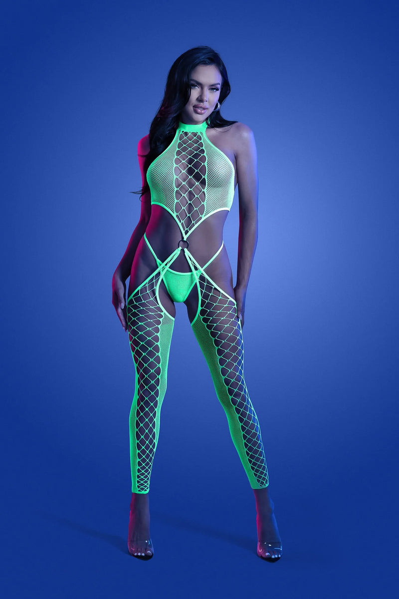 Fantasy Glow High Voltage High Neck Bodystocking & G-string Neon Green