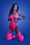 Fantasy Glow Wavelength Cutout Rhinestone Teddy Bodystocking Neon Pink