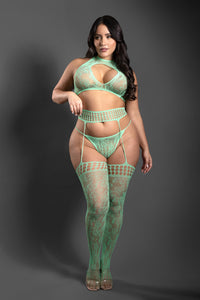 Fantasy Lingerie Sheer Heart Of Glass 3pc Gartered Stockings Set Seaglass Queen