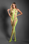 Fantasy Lingerie Sheer Unstoppable Crotchless Rhinestone Bodystocking Neon Green