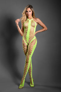 Fantasy Lingerie Sheer Unstoppable Crotchless Rhinestone Bodystocking Neon Green