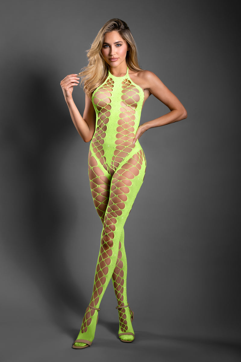 Fantasy Lingerie Sheer Unstoppable Crotchless Rhinestone Bodystocking Neon Green