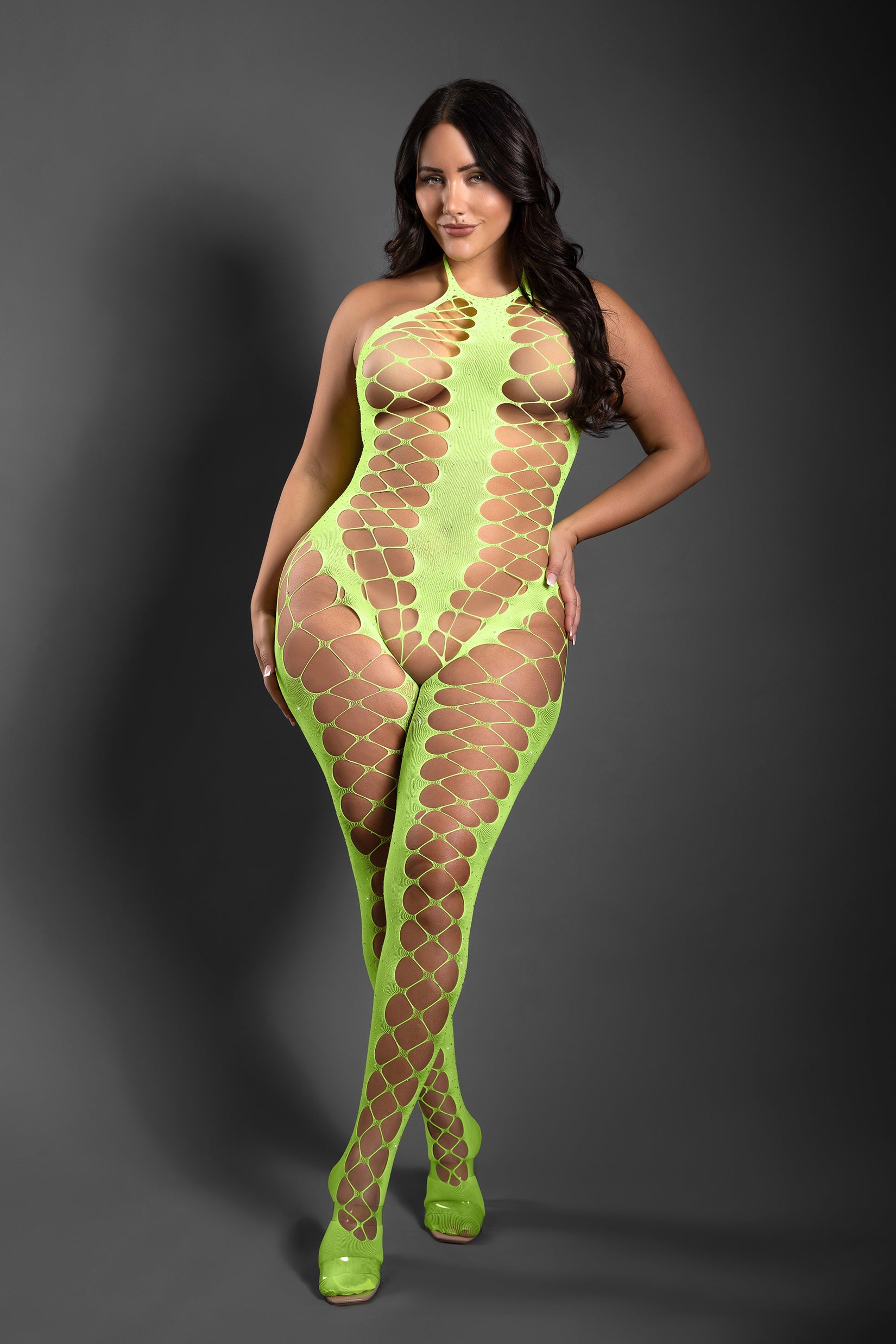 Fantasy Lingerie Sheer Unstoppable Crotchless Rhinestone Bodystocking Neon Queen