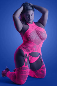 Fantasy Queen Glow Captivating Halter Bodystocking Neon Pink